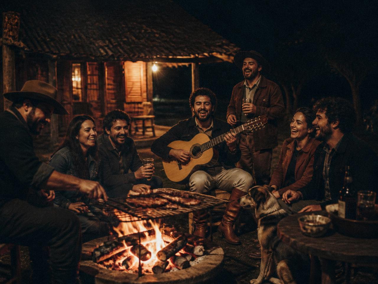 Roda de amigos em churrasco na fazenda com viola