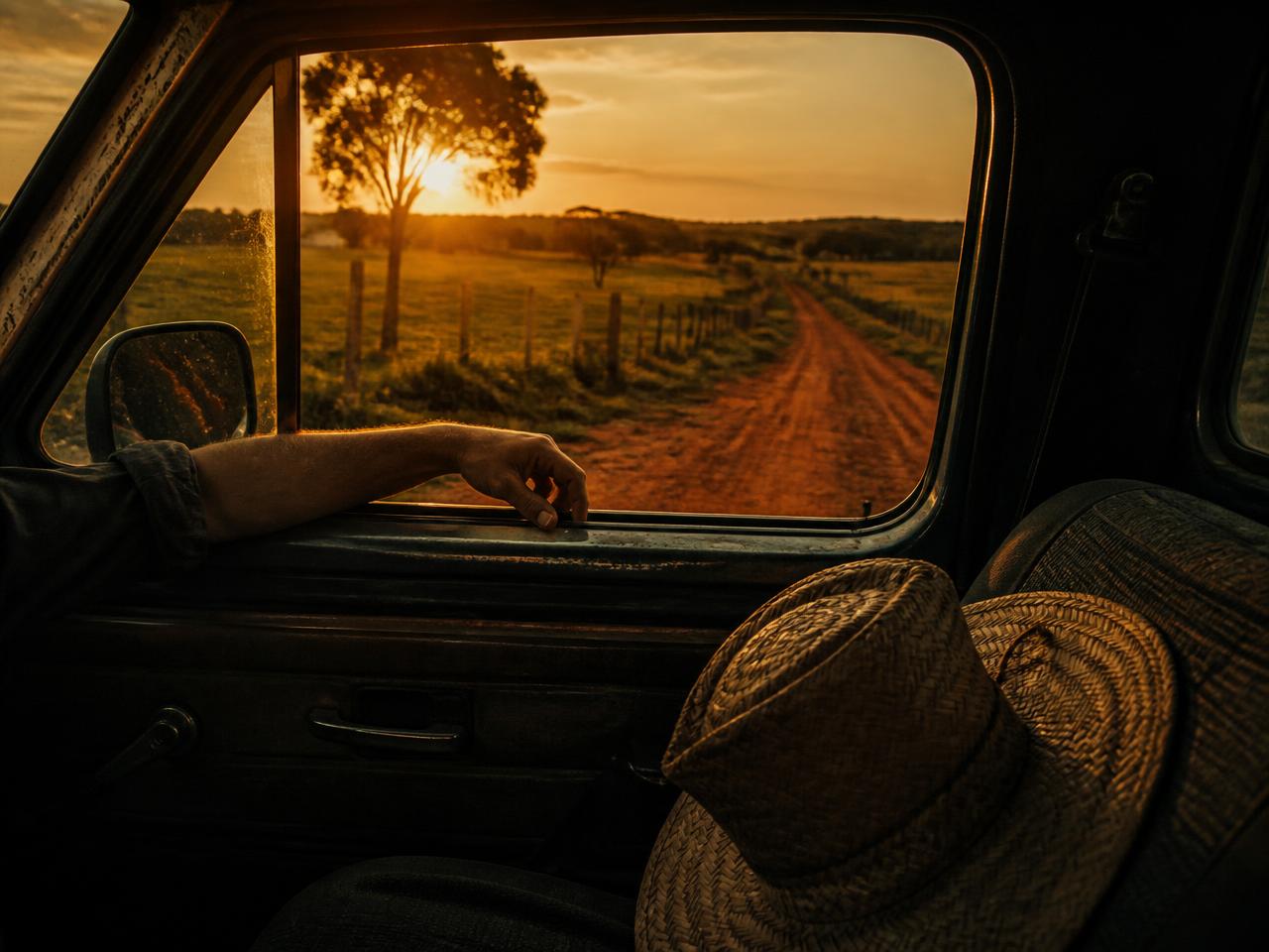 Estrada de terra vista da janela de uma caminhonete ao entardecer